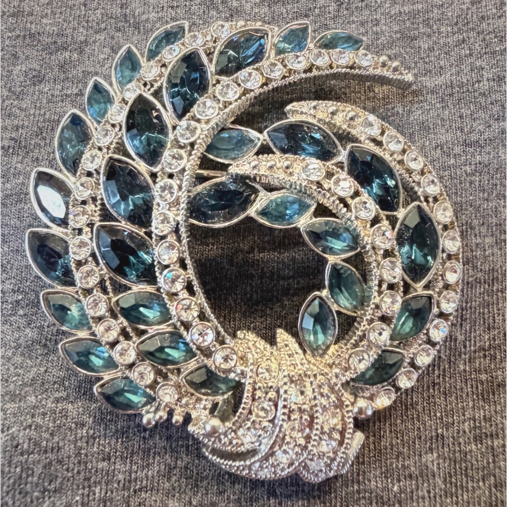 Avon Brooch Silver Tone Teal Blue Glass Clear Rhinestone 120th Anniversary 2in